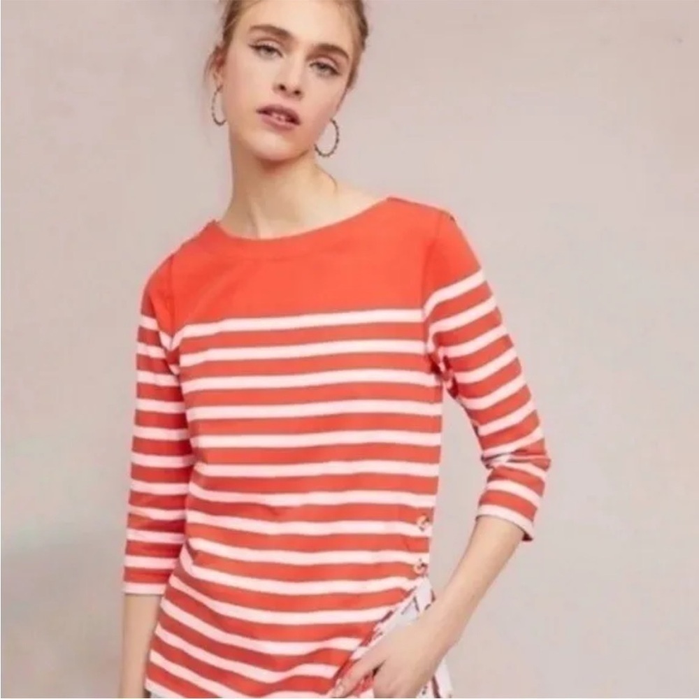 Anthropologie Maeve Bonnie Orange Striped Top Boatneck Button Shirt Fall Size S